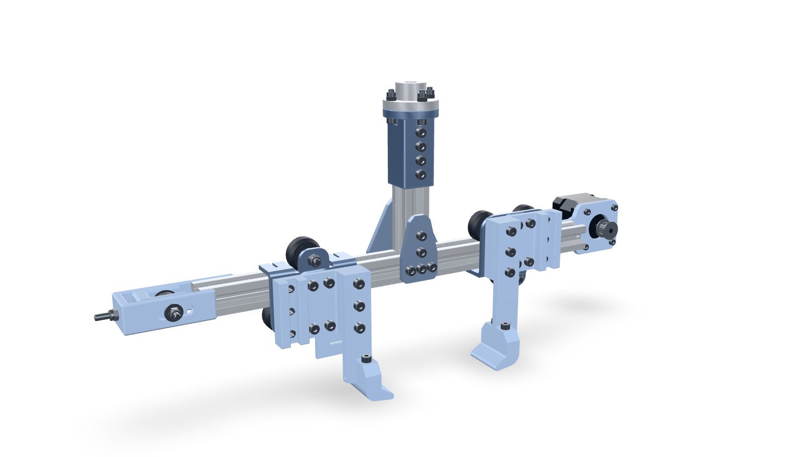 Maquette 3D du préhenseur : profilé aluminium, moteur, chariots à galets, mâchoires et tendeur