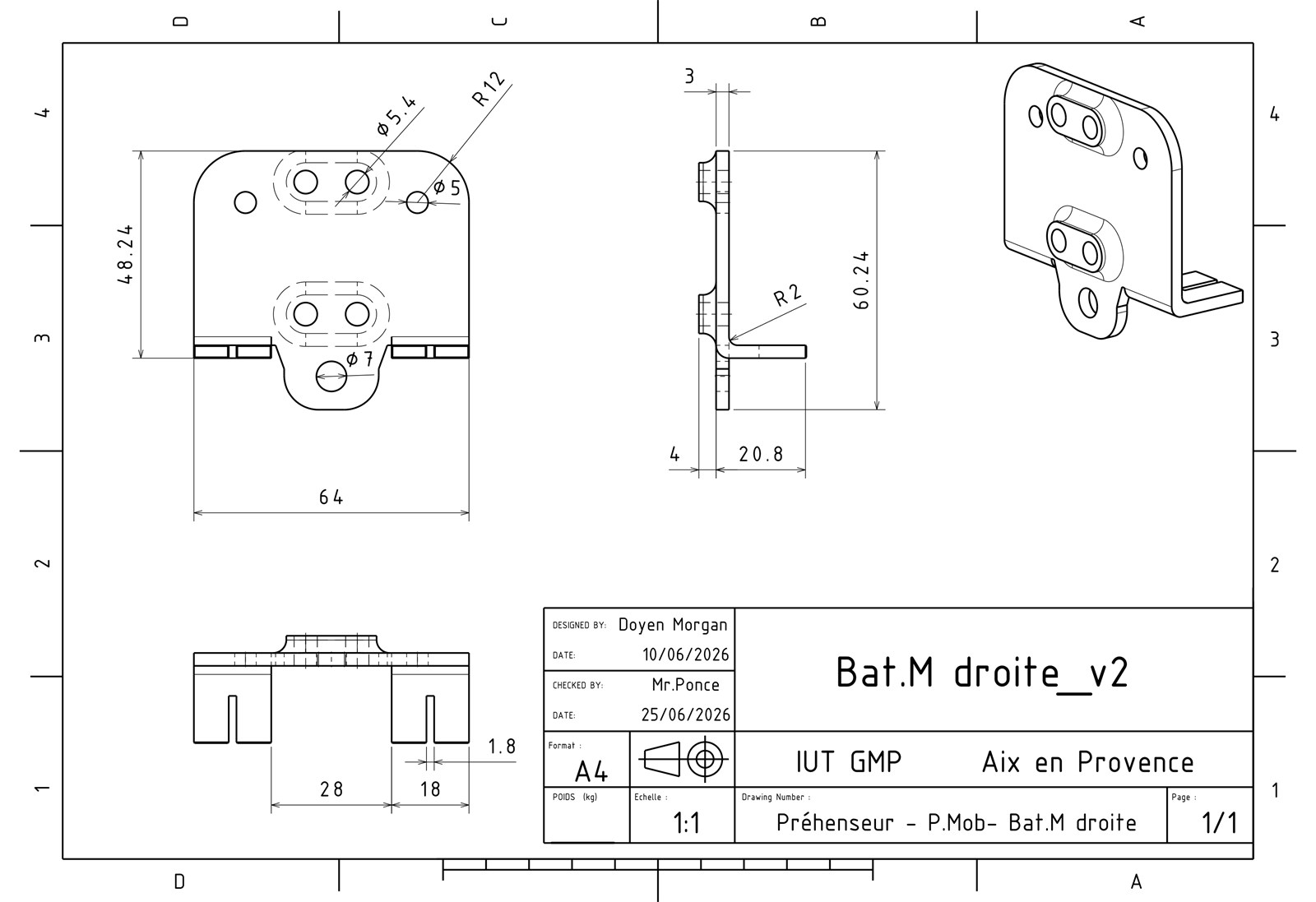 Dessin de définition de la plaque du chariot à galets : trois vues cotées et une vue en perspective