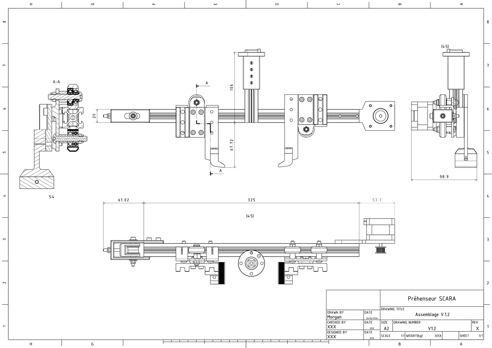 Dessin d'ensemble du préhenseur au format A2 : vue de face, vue de dessus, vue de côté et coupe A-A, avec les cotes d'encombrement