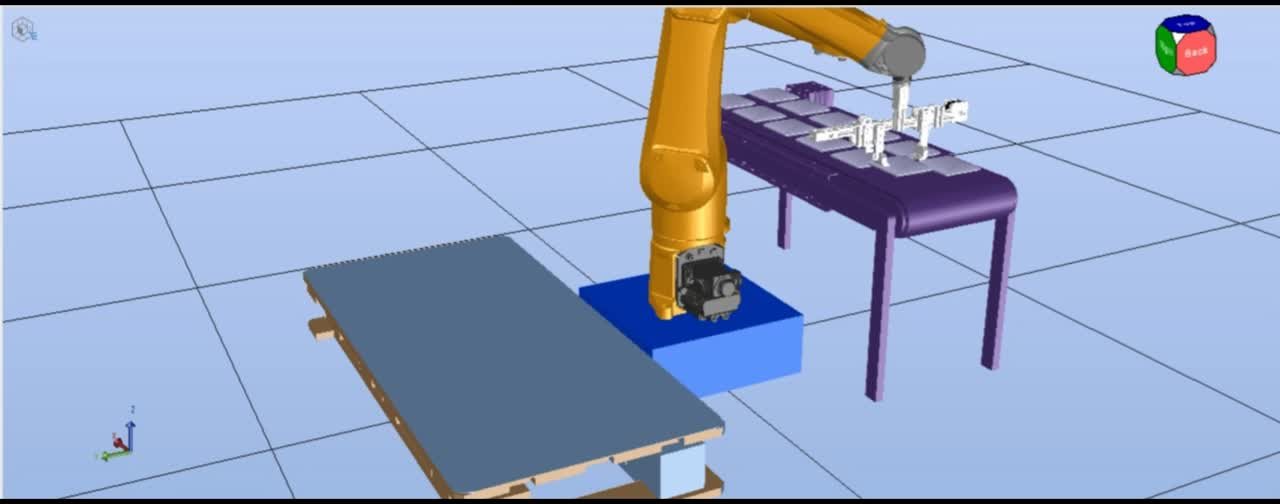 Simulation de la cellule robotisée : robot, convoyeur et palette